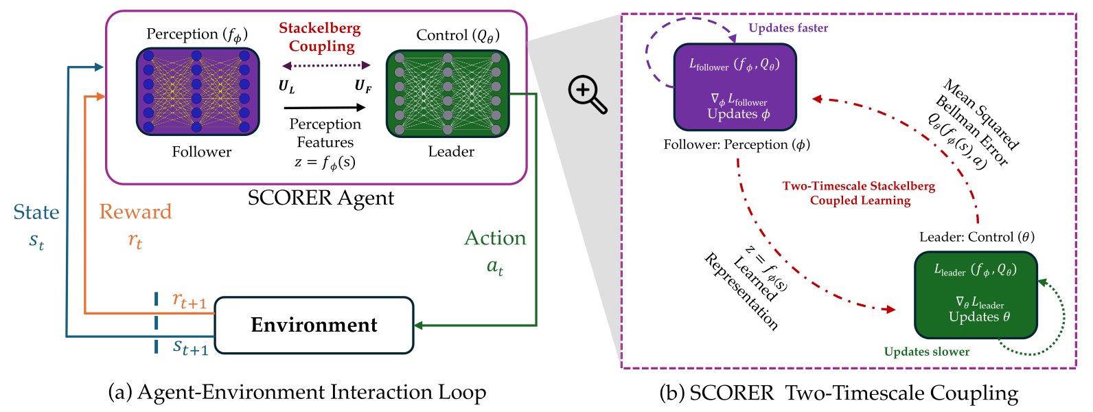 SCORER architecture and two-timescale Stackelberg coupling between representation and value learning.